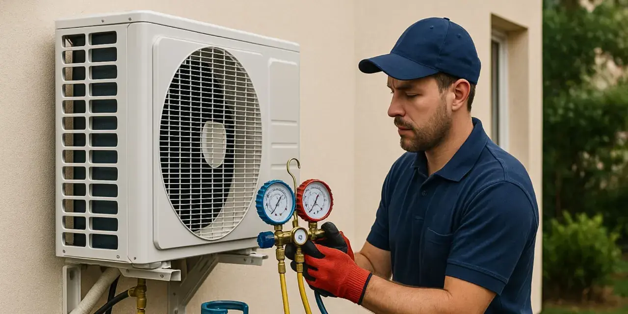 Un technicien vérifie la pression d'une unité extérieure de climatisation. C'est le bon moment pour savoir quand recharger clim maison.