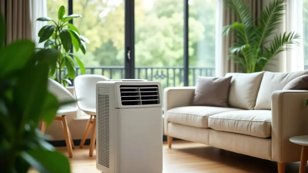 Climatiseur mobile blanc dans un salon lumineux, près d'un canapé beige et de plantes vertes. Idéal pour un confort optimal, même par temps chaud.