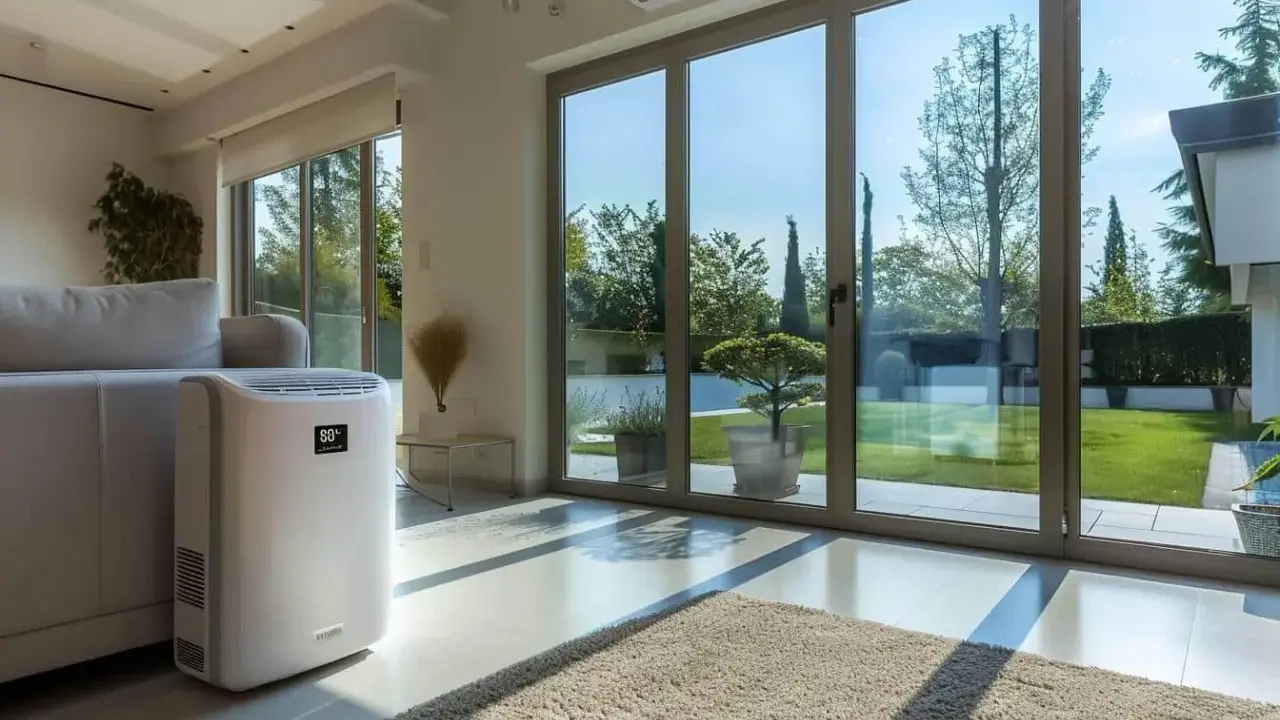 Climatiseur mobile 80m2 blanc, discret près d'un canapé, dans un salon lumineux avec vue sur jardin.