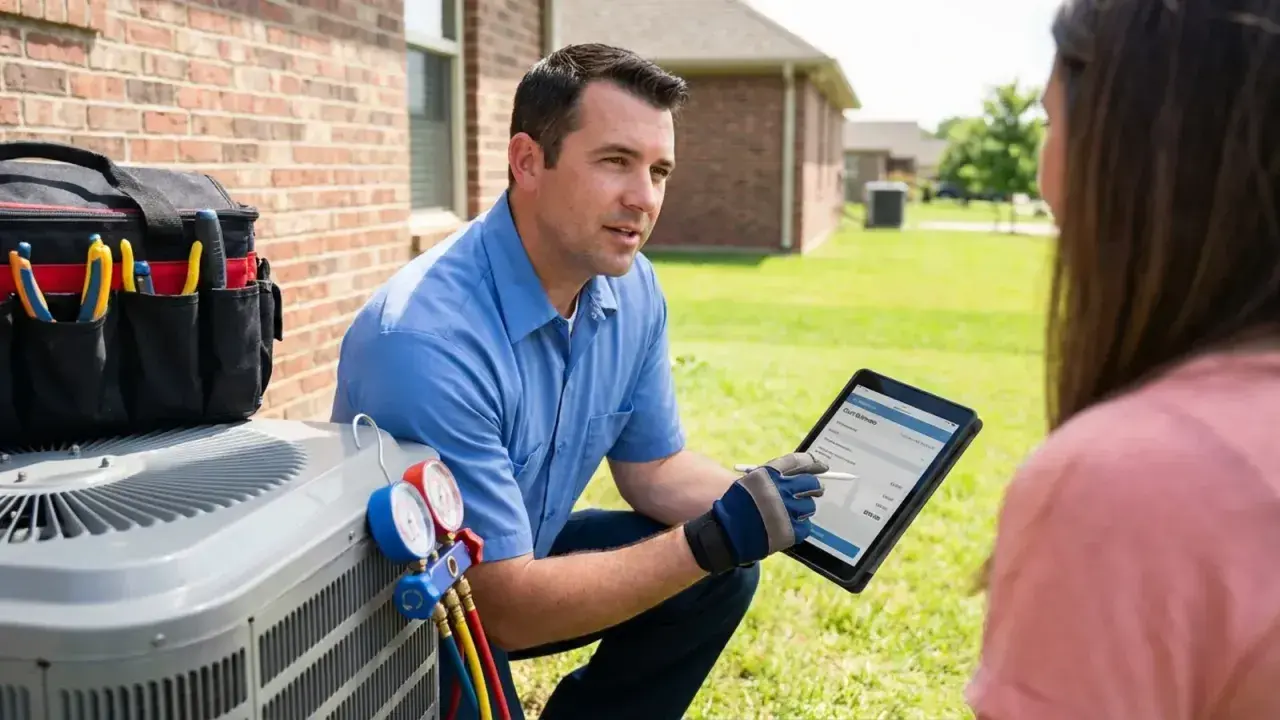 Un technicien discute du tarif dépannage climatisation avec un client, tablette à la main, près d'une unité extérieure.