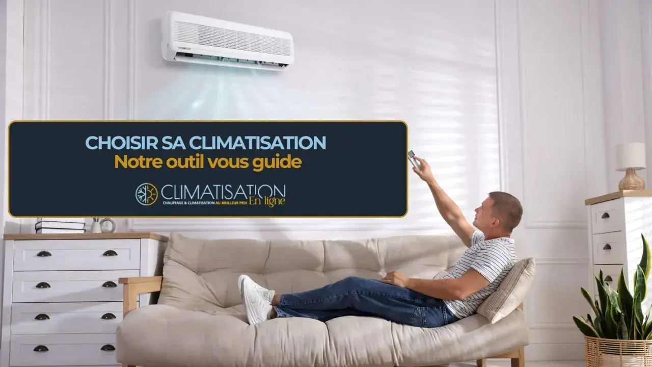 Un homme utilise une télécommande pour régler un climatiseur pour une pièce de 25m2. Le texte indique "Choisir sa climatisation".