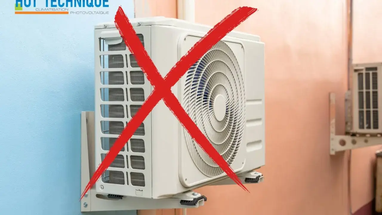 Un système split de climatisation est barré d'un gros X rouge.