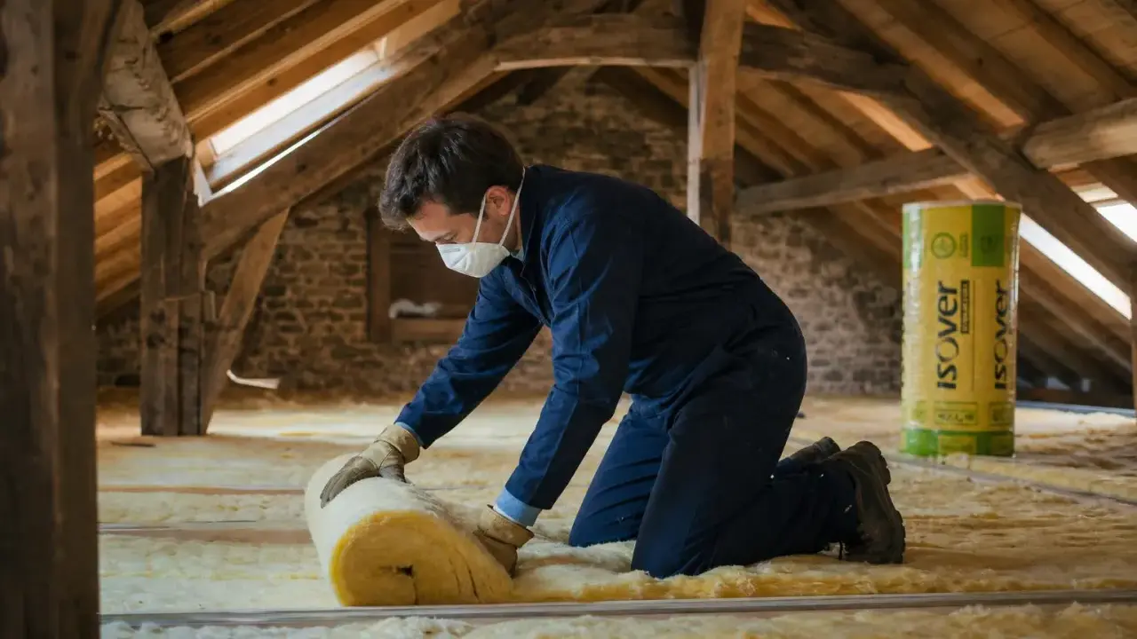 Un ouvrier installe de l'isolant dans des combles aménageables. Le prix au m2 de l'isolation des combles aménageables est un investissement pour le confort.