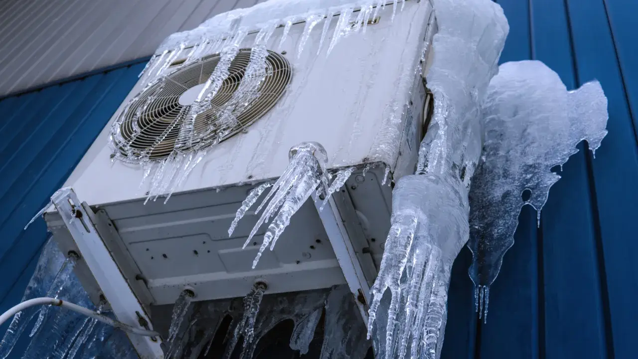 Unité intérieure clim qui givre, recouverte de stalactites de glace impressionnantes. L'appareil semble figé par le froid intense.