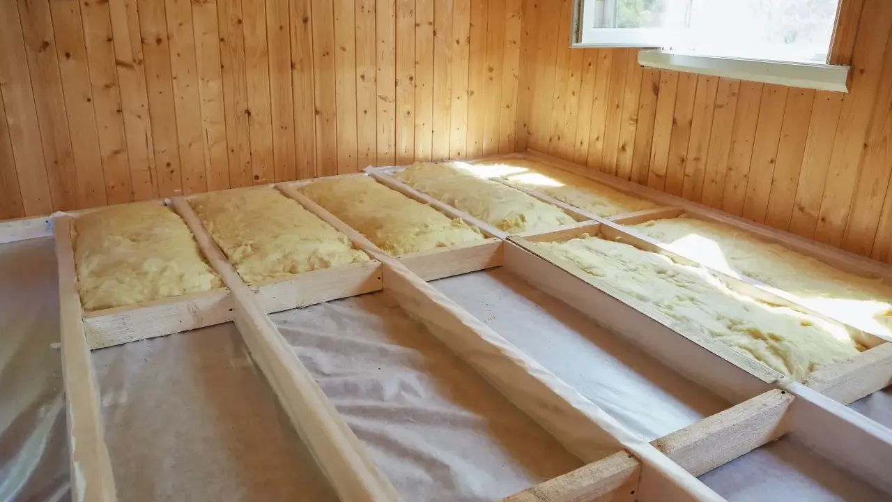 Travaux d'isolation plancher bois en cours. Laine de verre posée entre les solives en bois, prête pour la prochaine étape de construction.
