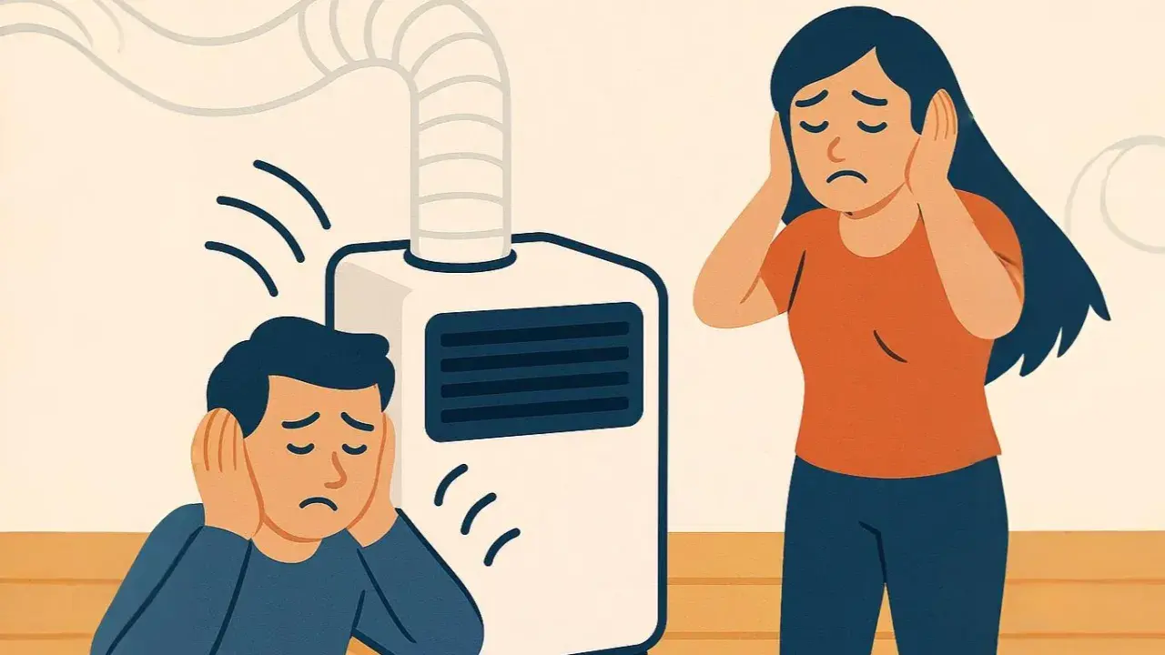 Un homme et une femme se bouchent les oreilles, dérangés par le niveau sonore d'un climatiseur mobile.