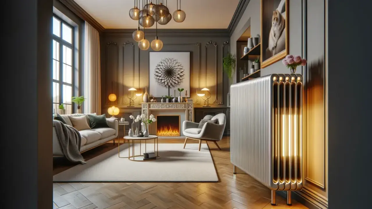 Un élégant salon moderne avec un canapé confortable, une cheminée et un radiateur électrique au design unique, illuminé de l'intérieur.