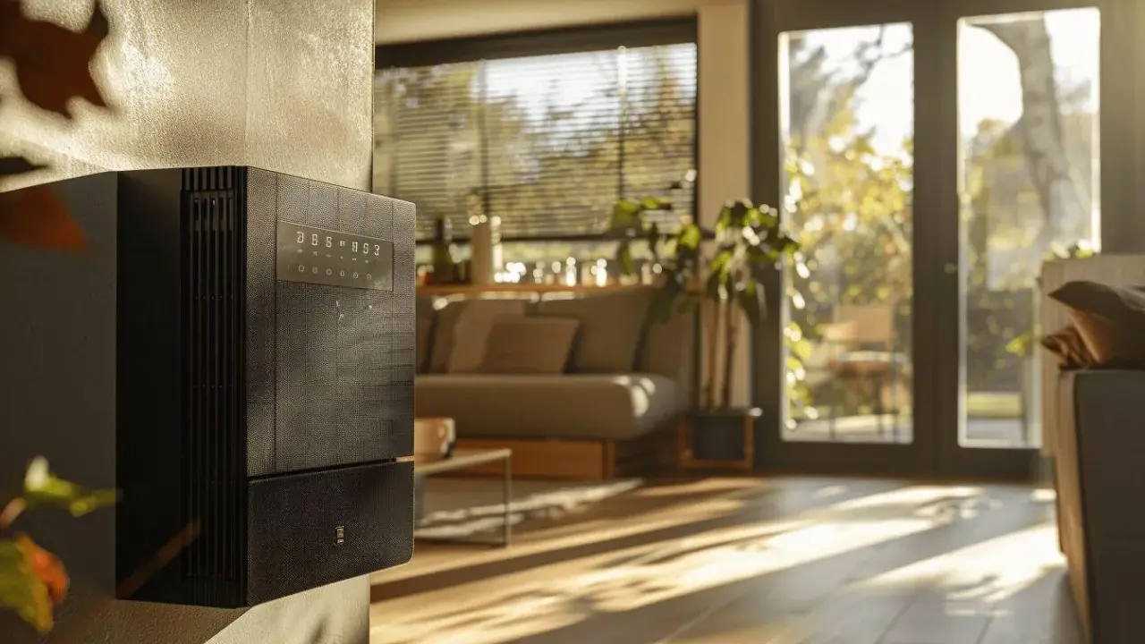 Un radiateur basse consommation noir, moderne, est fixé au mur d'un salon lumineux.