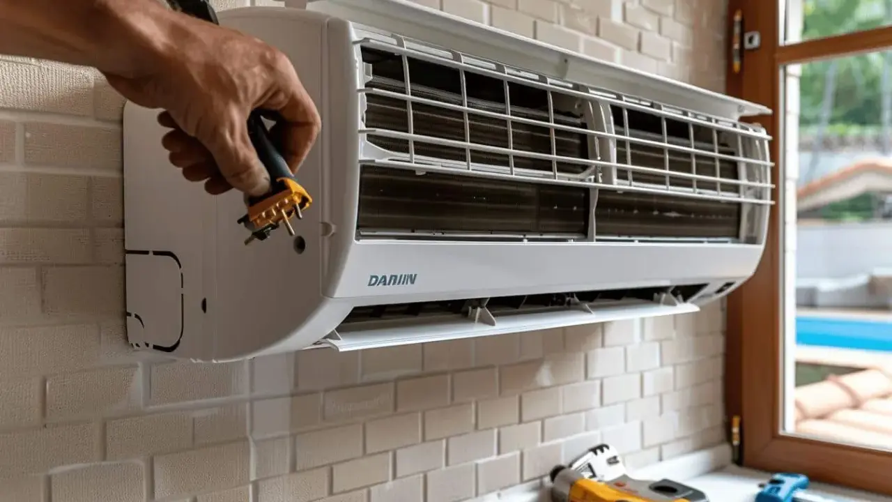 Main d'un technicien branchant un appareil Daikin. Prêt pour le mode chauffage clim Daikin.