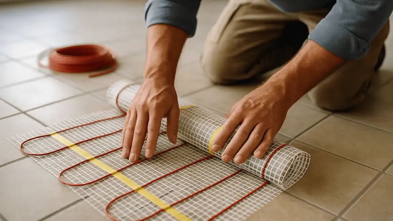 Pose d'un tapis chauffant pour plancher chauffant. La colle spéciale est prête pour la pose du carrelage.