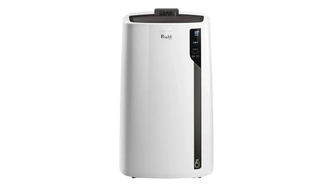 Climatiseur mobile blanc DeLonghi Pinguino PAC EL92 Silent, avec écran numérique et logo pingouin.