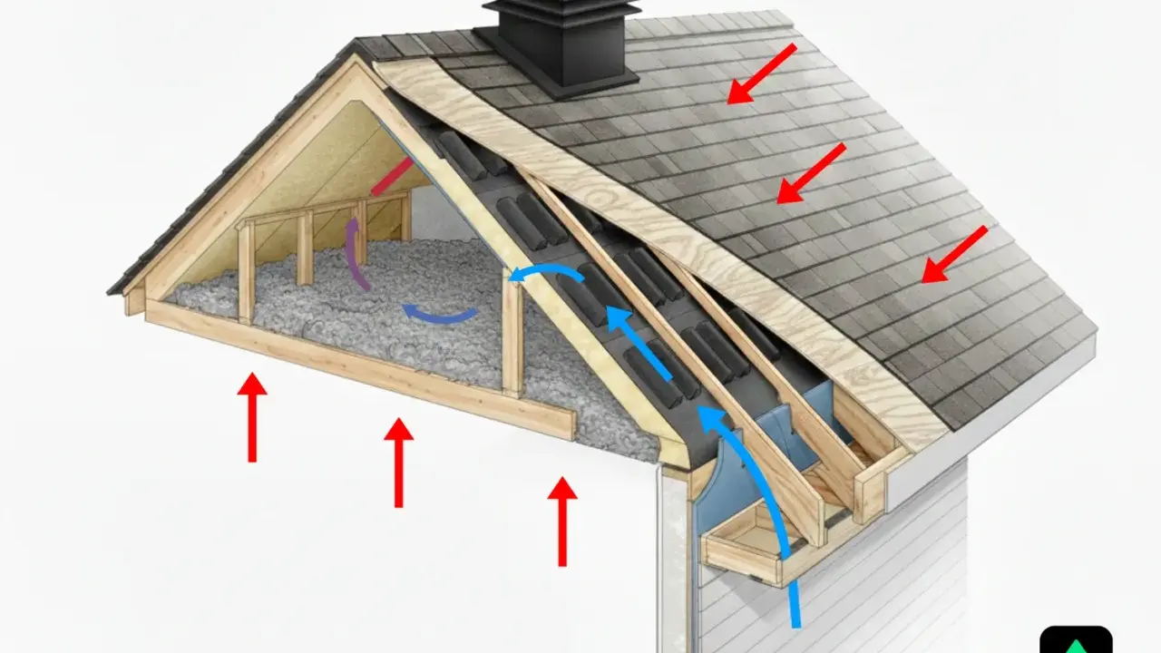 Schéma d'une toiture froide montrant la ventilation et l'isolation. Les flèches indiquent le flux d'air et la chaleur.