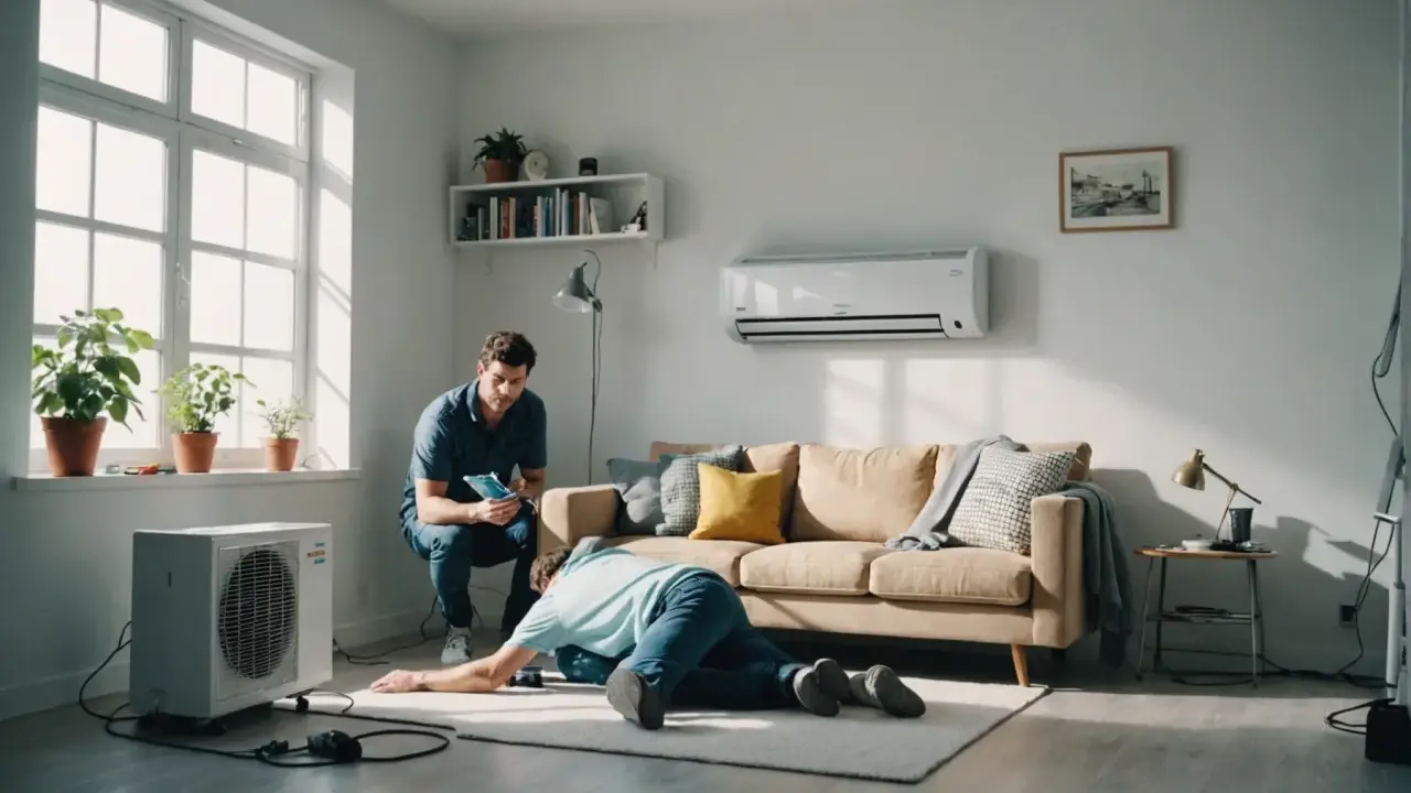 Deux hommes s'occupent d'une unité extérieure de climatisation, peut-être en raison d'une panne de climatisation. L'un est penché sur l'appareil, l'autre consulte une tablette.