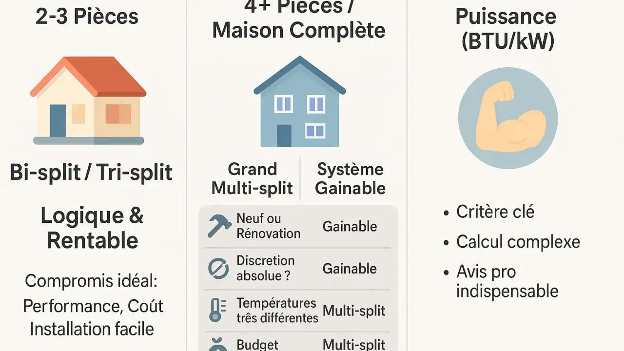 Comparaison de systèmes de climatisation : bi-split pour 2-3 pièces, multi-split pour maisons complètes, et puissance. La technologie inverter est clé pour un calcul complexe.