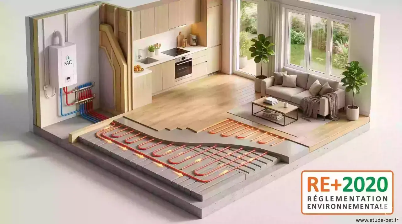Vue éclatée d'une maison montrant un système de plancher chauffant et rafraîchissant, avec une pompe à chaleur (PAC) et des tuyaux rouges et bleus.