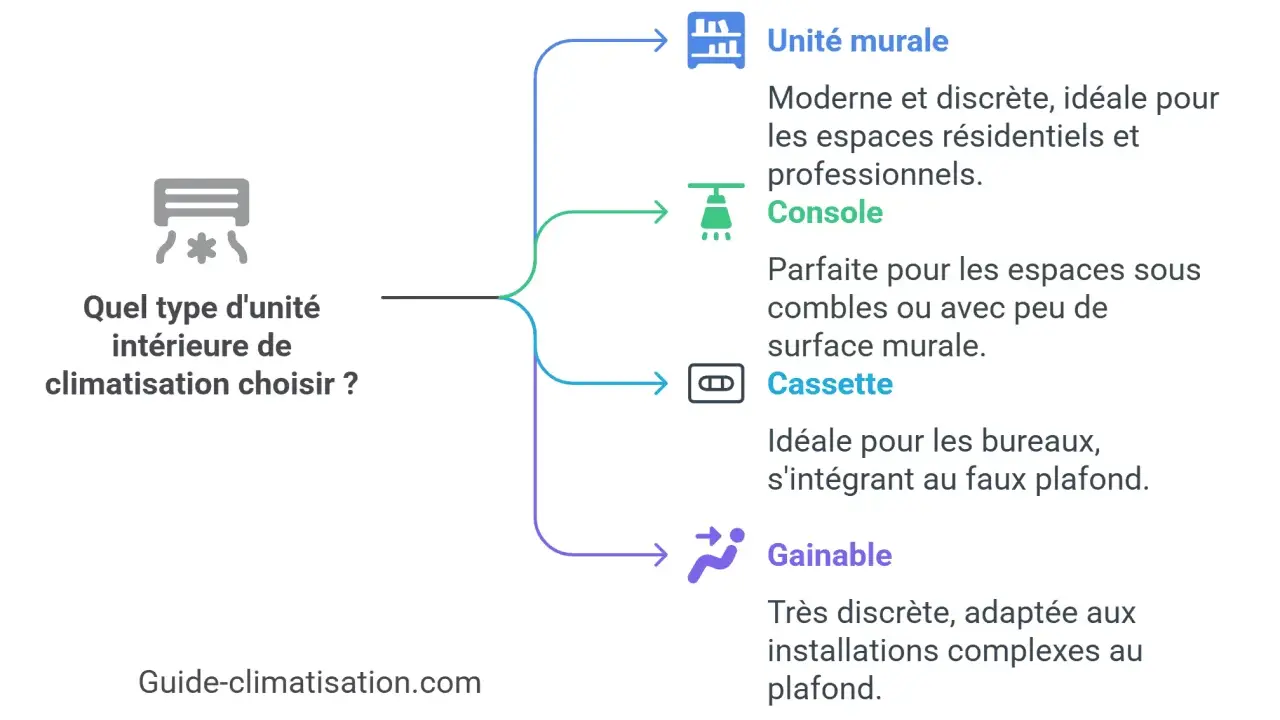 Schéma comparant les unités intérieures de climatisation : murale, console, cassette, gainable. Aide à choisir le bon type de dimension split clim.