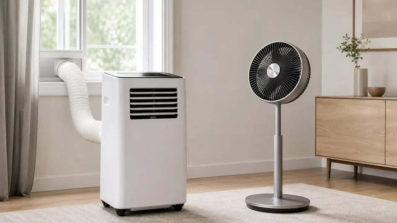 Un climatiseur sans évacuation, avec son tuyau dirigé vers la fenêtre, et un ventilateur sur pied dans une pièce lumineuse.