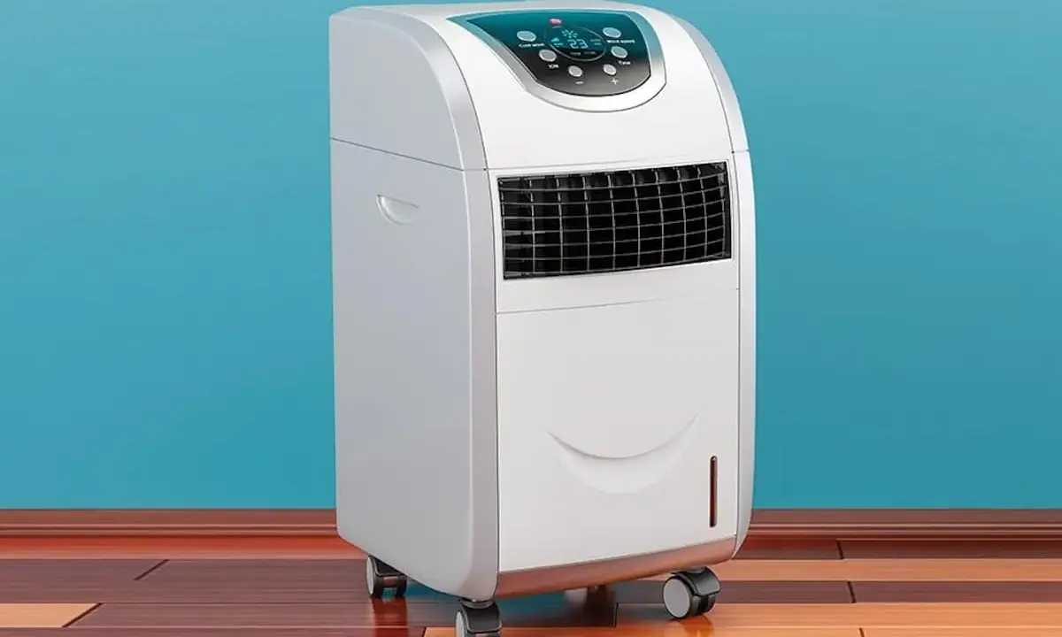 Climatiseur mobile appartement blanc, sur roulettes, avec écran de contrôle bleu. Idéal pour rafraîchir votre espace.