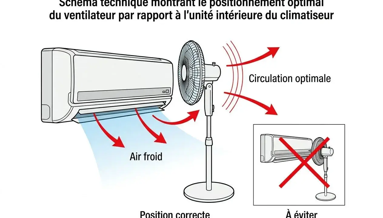 Schéma montrant le positionnement idéal d'un ventilateur pour une circulation optimale de l'air froid du climatiseur en mode auto.