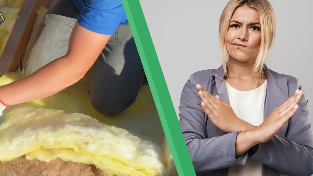 Comparatif isolant : pose de laine de verre et femme faisant un signe d'arrêt.
