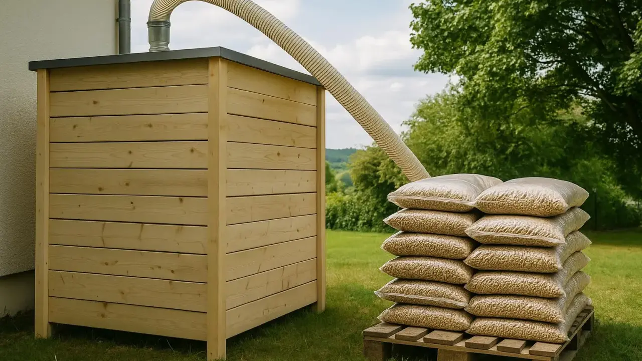 Stock de granulés de bois pour une chaudière à granulés avis. Un tuyau souple relie le silo en bois à la pile de sacs.