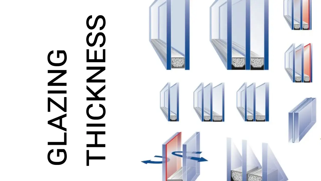 Illustrations de différentes épaisseurs de double vitrage, avec texte "GLAZING THICKNESS".