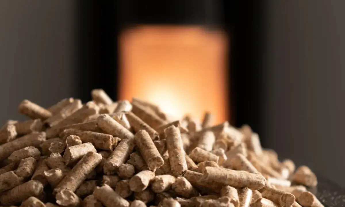 Granulés de bois en gros plan devant un poêle allumé, prêts pour l'entretien du poêle à granule.