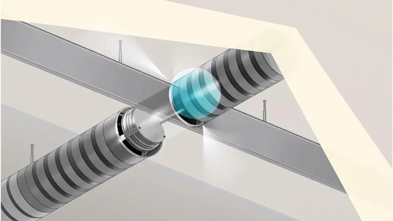Schéma d'installation d'une clim réversible gainable : conduits métalliques fixés au plafond, avec une zone de diffusion d'air bleuée.
