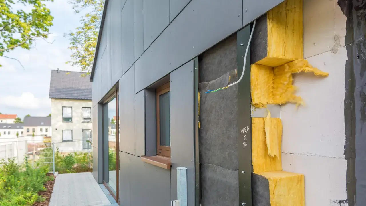 Construction d'une maison moderne avec isolation par l'extérieur visible. Panneaux gris, laine de roche jaune et mur en béton.