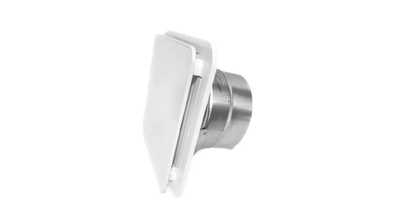 Bouche gainable plafond blanche, au design moderne, avec son conduit métallique.
