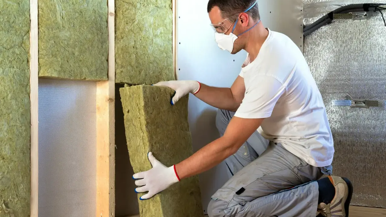Un ouvrier installe un isolant minéral dans un mur. Pour une isolation par injection, le prix peut varier.