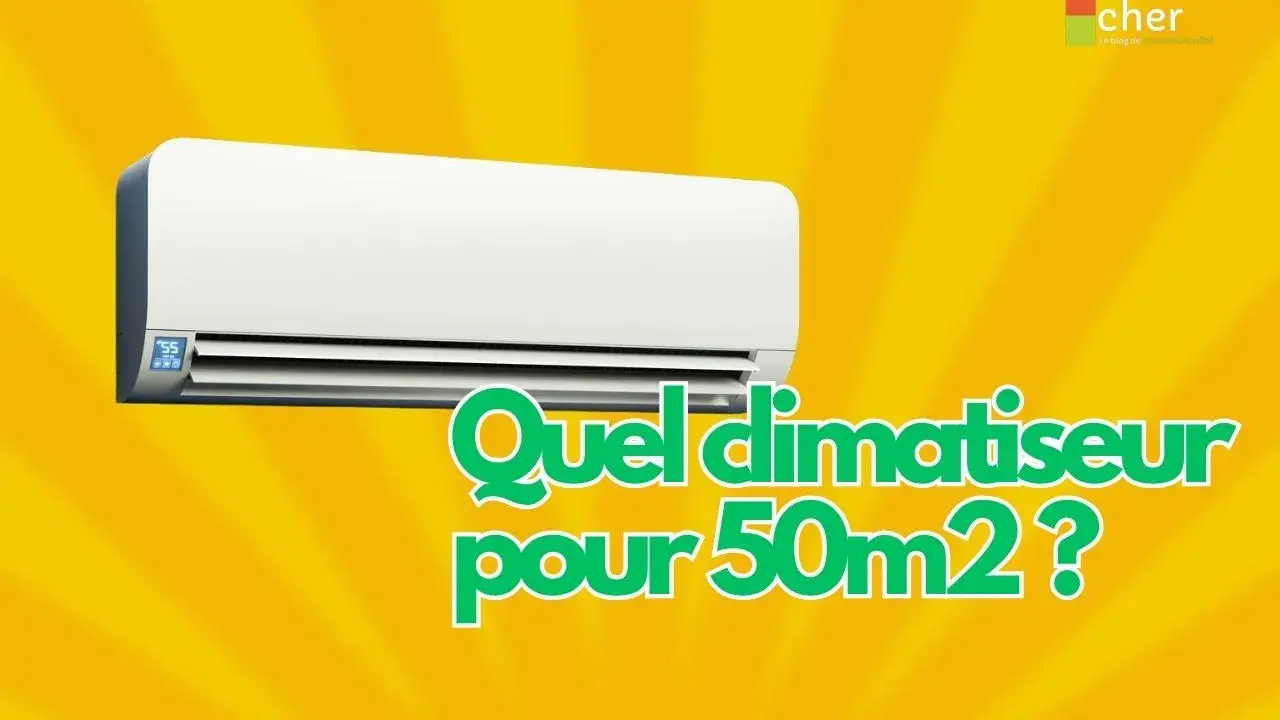 Climatiseur mural blanc sur fond jaune. Le texte demande "Quel climatiseur pour 50m2?". Un bilan thermique est essentiel pour choisir.