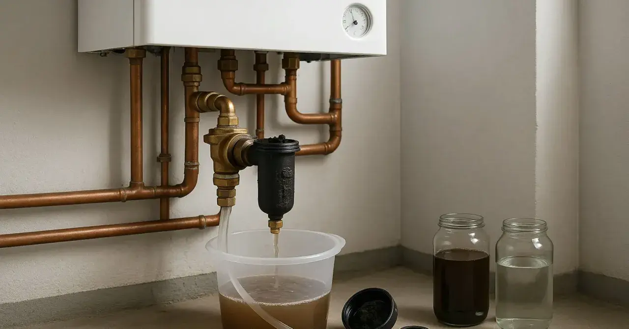 Nettoyage du circuit d'un plancher chauffant : de l'eau boueuse s'écoule d'un filtre vers un seau, montrant l'importance du désembouage.