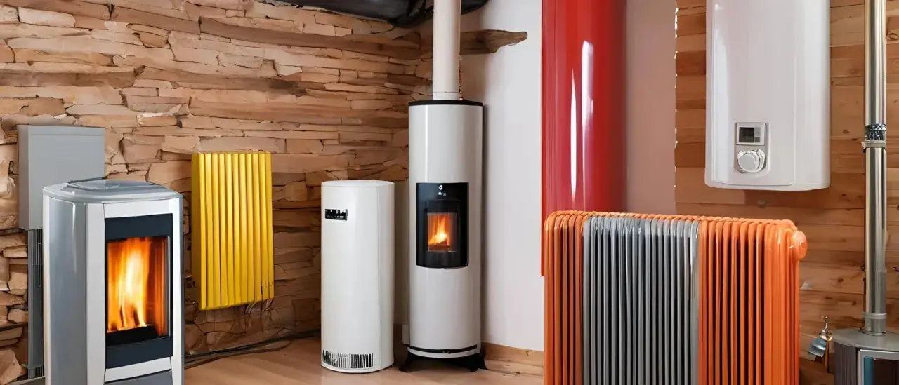 Plusieurs appareils de chauffage, dont des poêles à granulés et des radiateurs, sont présentés, offrant des solutions de chauffage économique pour votre foyer.