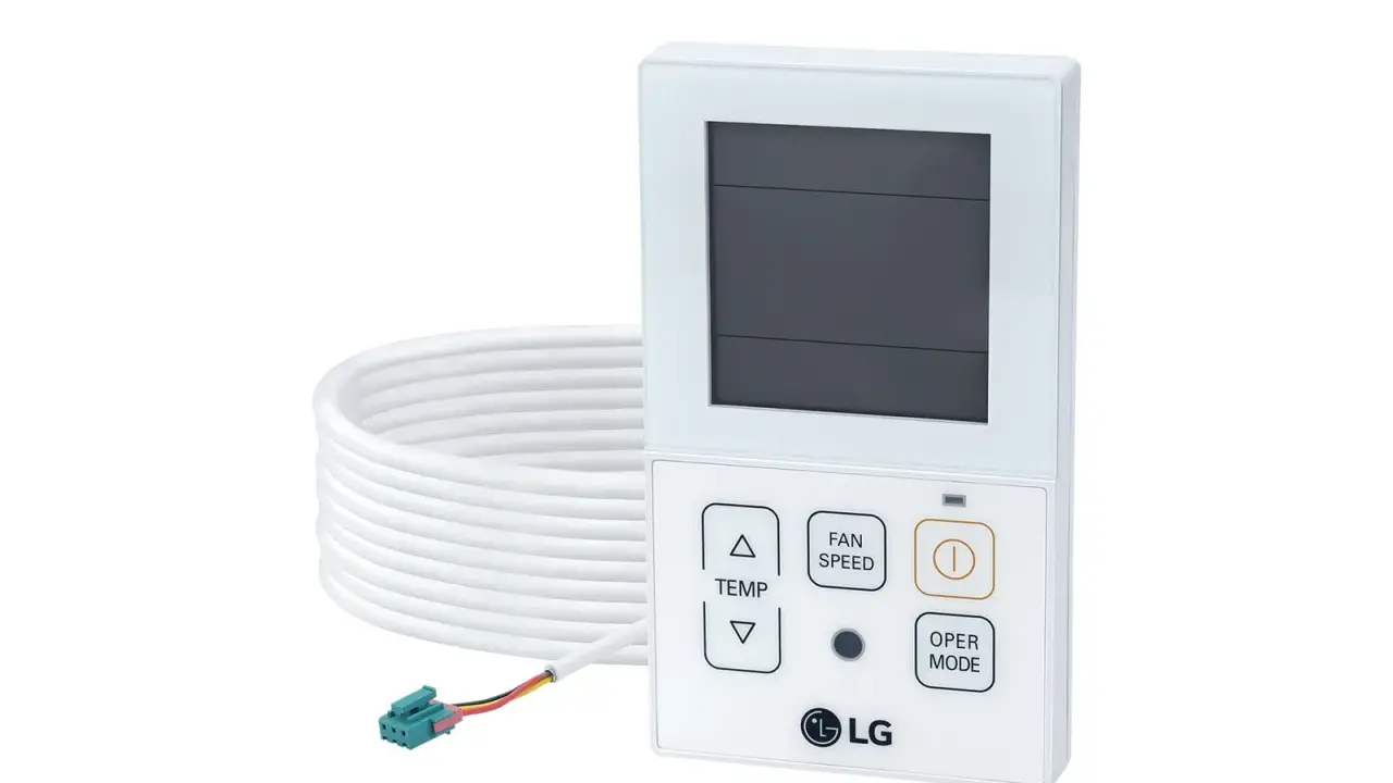 Télécommande LG pour climatiseur, avec câble blanc enroulé. Ce manuel vous guide pour son utilisation.