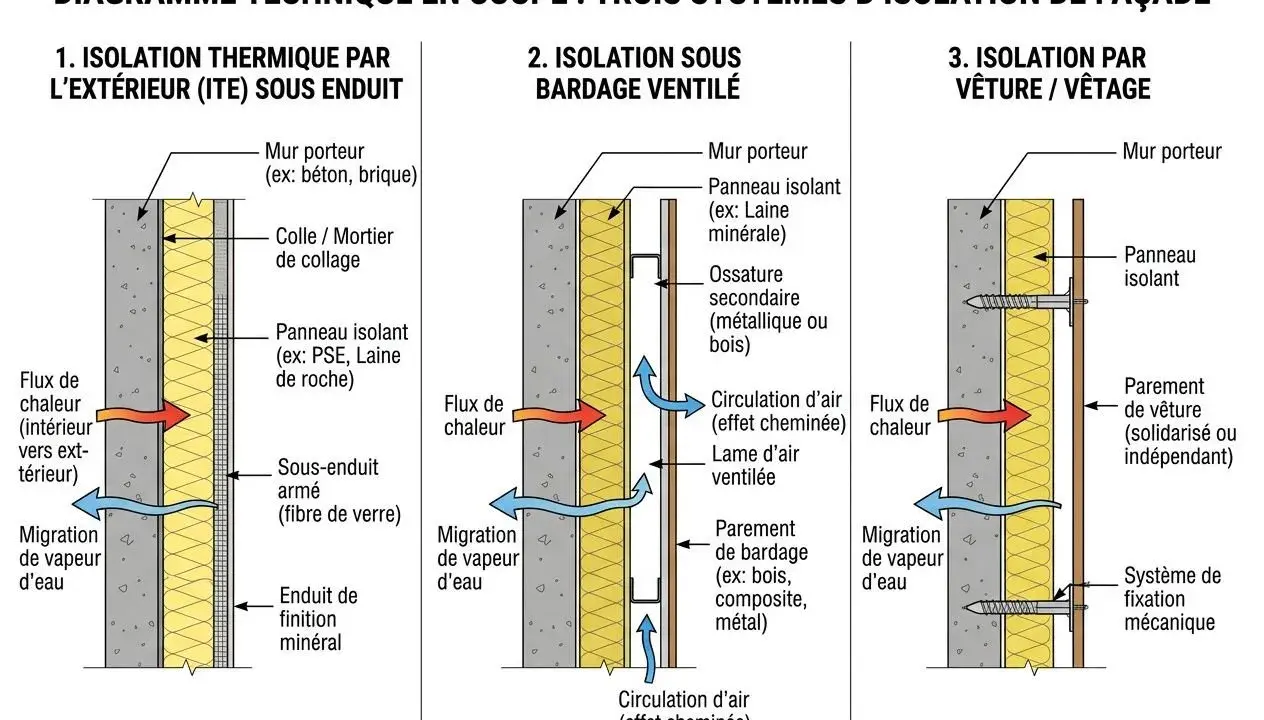 Diagramme comparant trois systèmes d'isolation extérieure maison : ITE sous enduit, bardage ventilé, et vêture.