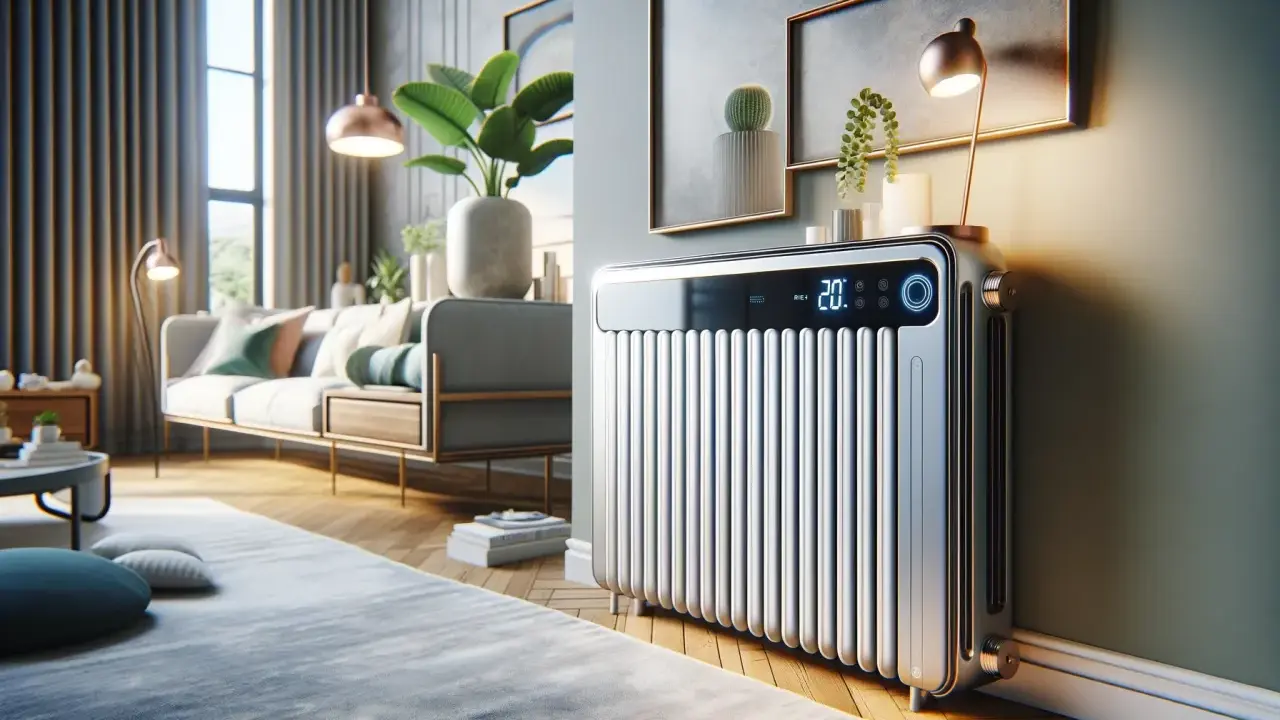 Radiateur moderne au design épuré, idéal pour un salon. Son écran affiche 20°C, suggérant le confort thermique.
