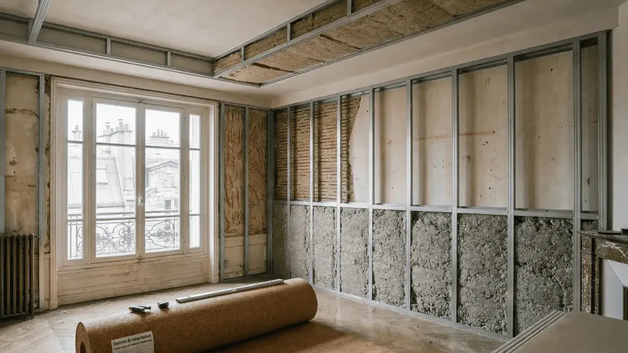 Travaux d'isolation dans un appartement : ossature métallique pour le plafond et les murs, matériaux isolants apparents.