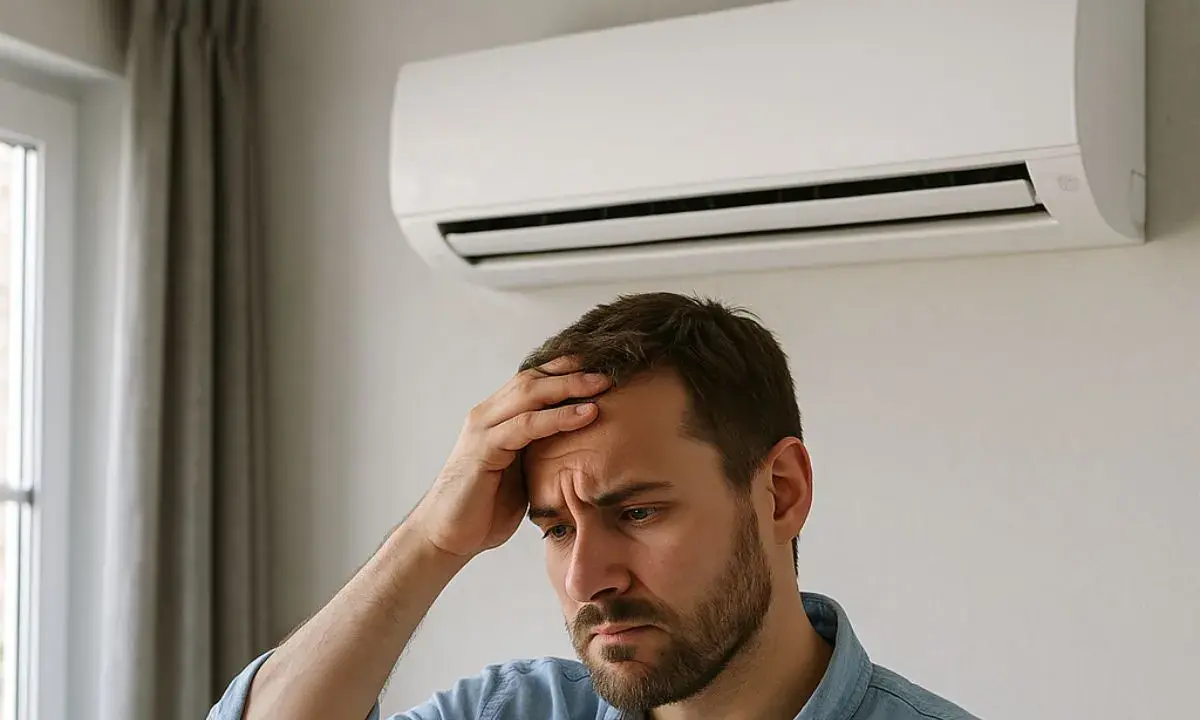 Un homme inquiet touche son front sous une unité de climatisation murale, peut-être en attendant une installation climatisation.