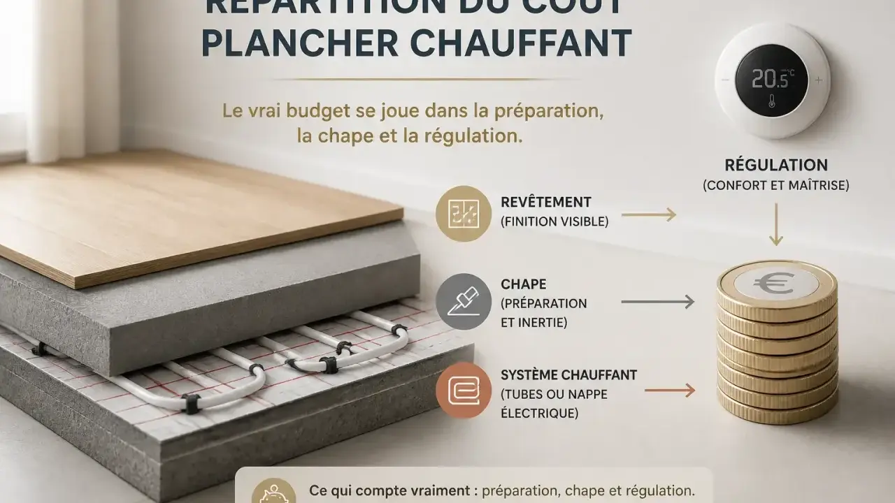 Coupe transversale d'un plancher chauffant montrant les couches: revêtement, chape, système de chauffage, avec schéma des coûts et thermostat.
