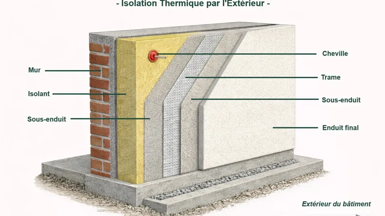 Coupe d'une façade montrant le ravalement avec isolation extérieure (ITE) : mur, isolant, sous-enduit, trame, et enduit final.