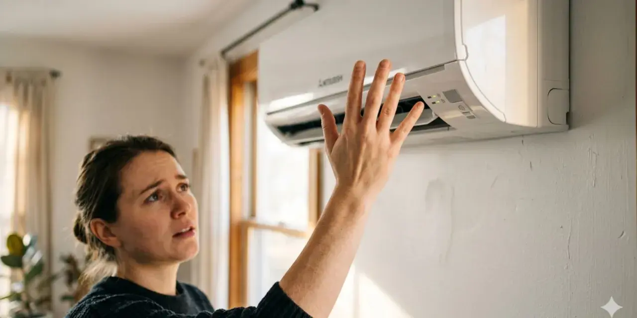 Une femme vérifie son clim qui souffle un air chaud, l'air désemparé.