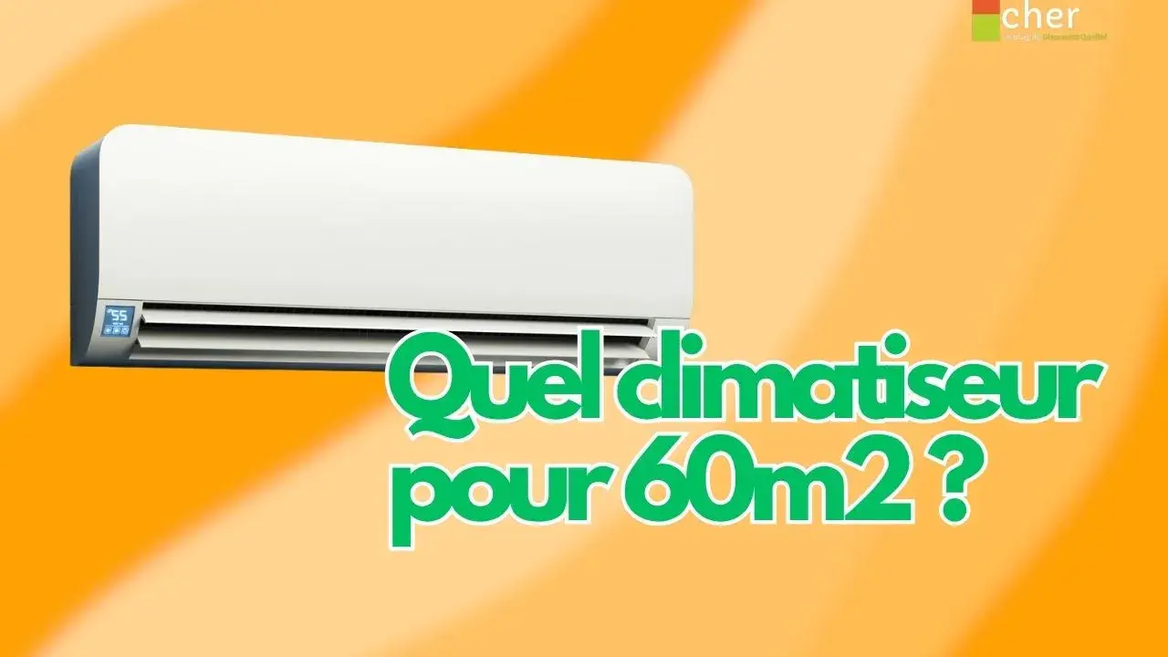 Climatiseur mural blanc sur fond orange. Le texte "Quel climatiseur pour 60m2 ?" est affiché en gros caractères verts.