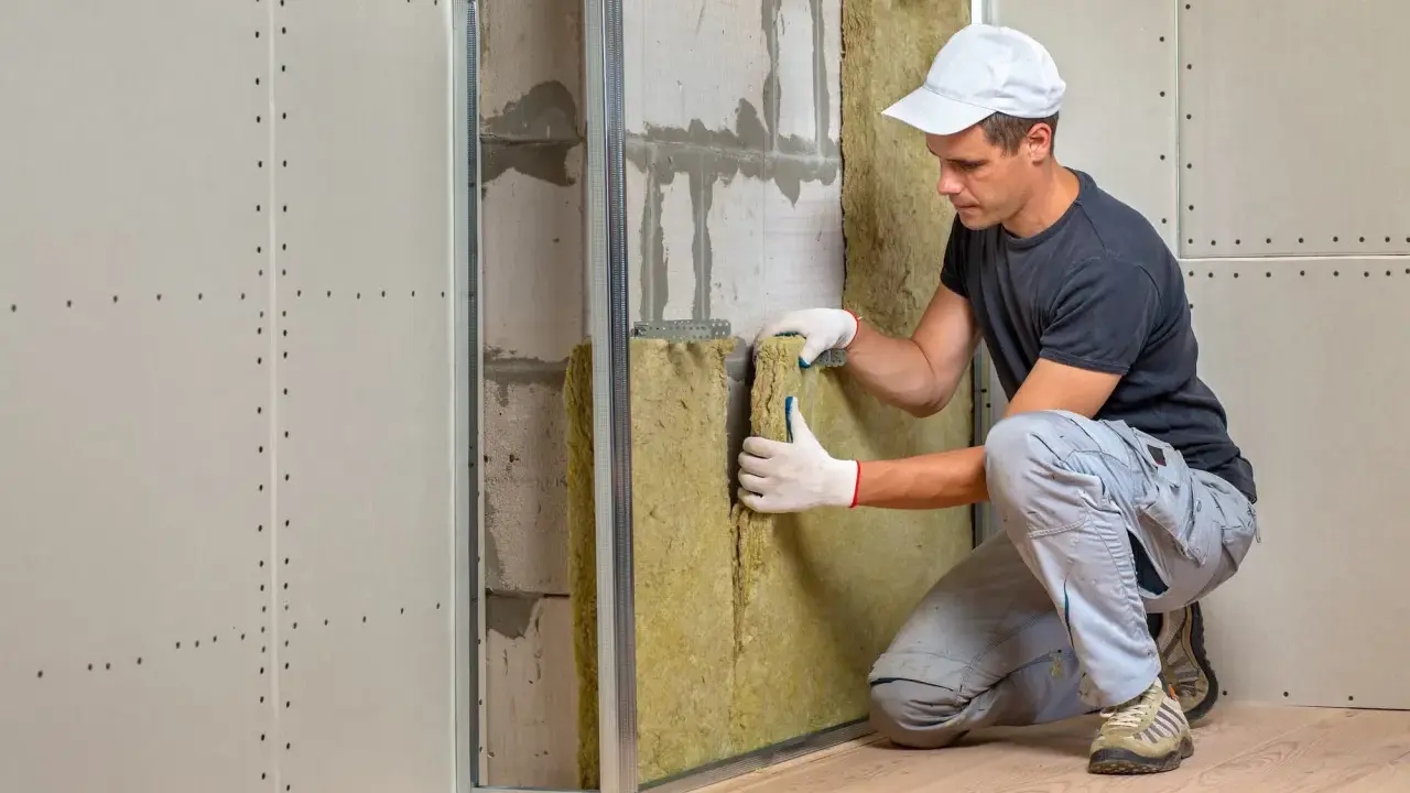 Un ouvrier installe un isolant minéral pour l'isolation mur intérieur. Le chantier progresse.