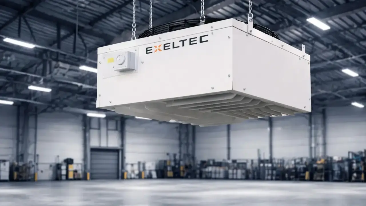 Un déstratificateur d'air EXELTEC, suspendu dans un entrepôt, assure une circulation d'air homogène pour un confort optimal.