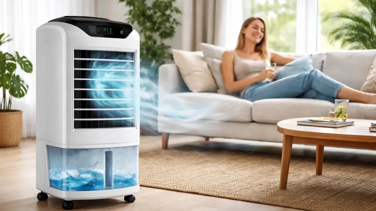 Climatiseur mobile sans évacuation diffusant une brise fraîche. Une femme détendue sur un canapé, profitant du confort.