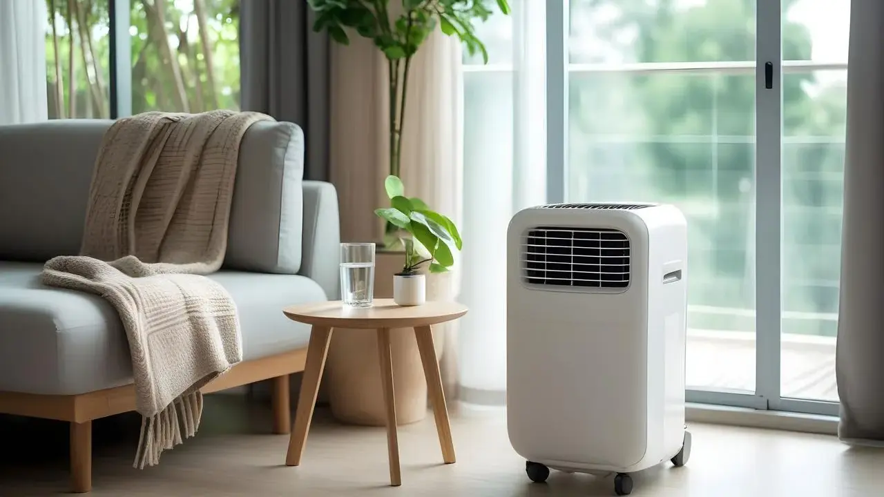 Un salon confortable avec un canapé douillet, une plante verte et un climatiseur mobile puissant pour un confort optimal.