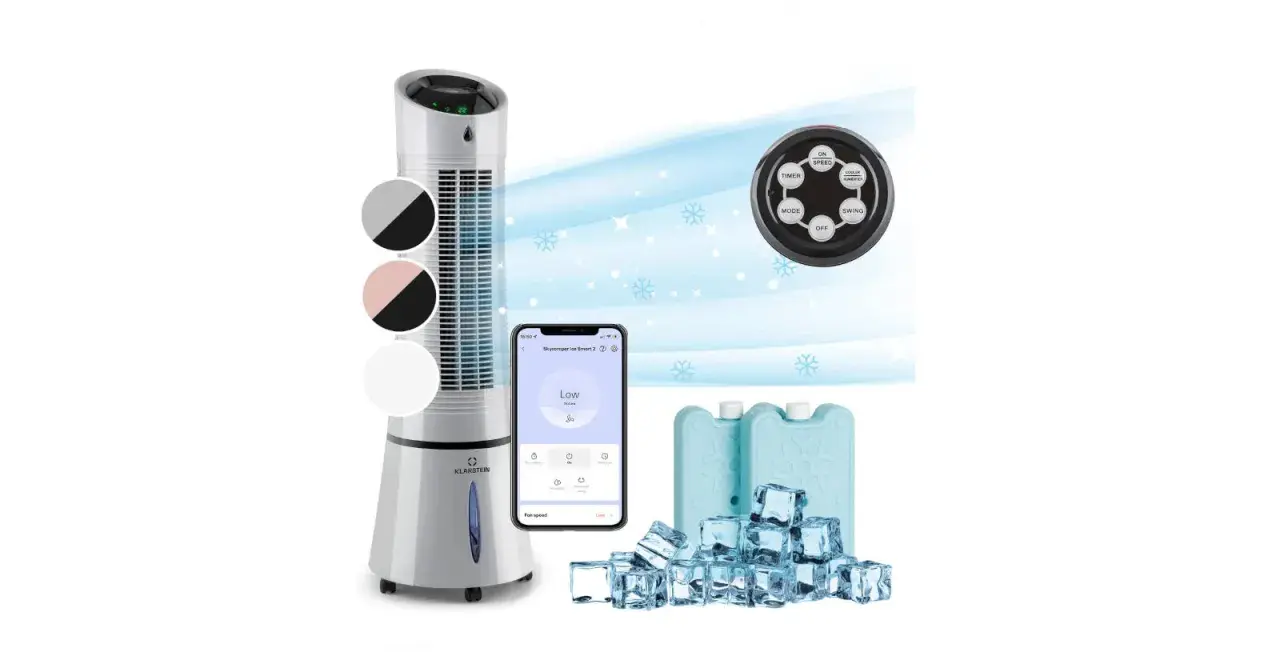 Le Klarstein climatiseur sans évacuation, avec télécommande et application mobile, accompagné de blocs de glace pour un maximum de fraîcheur.