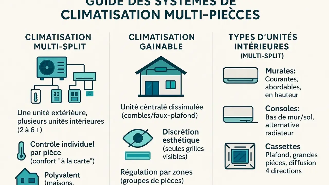 Guide des systèmes de climatisation multi-pièces : un split extérieur pour plusieurs unités intérieures, avec différents types d'unités intérieures (murales, consoles, cassettes).