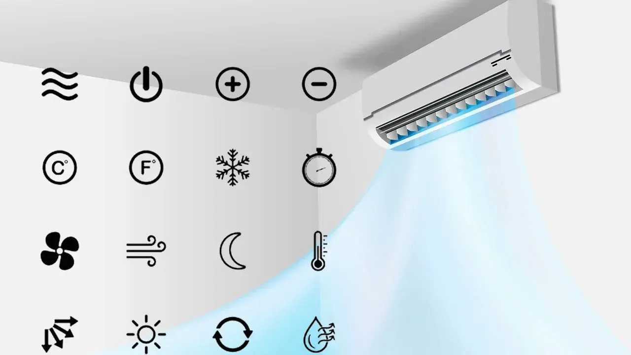Climatiseur diffusant de l'air frais. Icônes de réglage : température, ventilateur, minuterie, et voyant flocon de neige signification de froid.